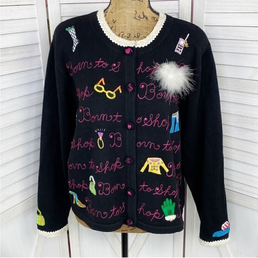 Berek Vintage 90s Born To Shop Embroidered Appliqué Cardigan Sweater Black XL